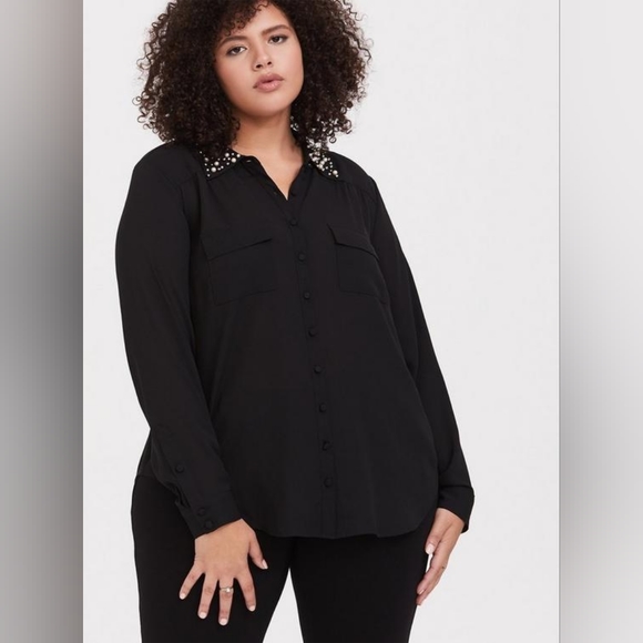 torrid Tops - 🌟3 For $15 SALE🌟 NWOT Torrid Madison Black Georgette Pearl Collar ButtonBlouse